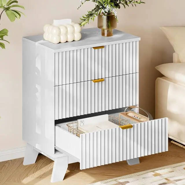Alt view image 4 of 7 - 30.5" Nightstand with Charging Station, 3-Drawer Fluted Bedroom Chest, Wood Bedside Dresser with Power Outlets and USB Ports, Metal Slides, Stable Base, Modern Storage Cabinet for Small Spaces