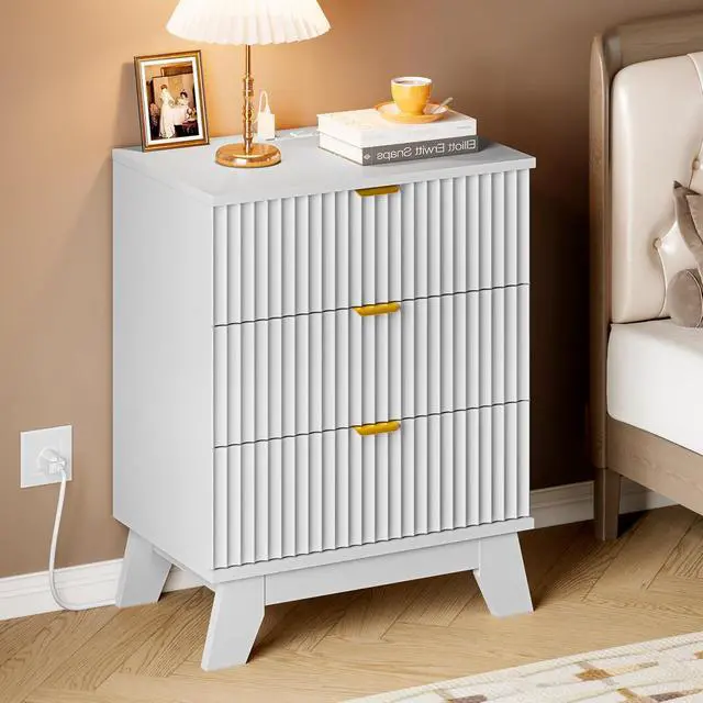 Alt view image 6 of 7 - 30.5" Nightstand with Charging Station, 3-Drawer Fluted Bedroom Chest, Wood Bedside Dresser with Power Outlets and USB Ports, Metal Slides, Stable Base, Modern Storage Cabinet for Small Spaces