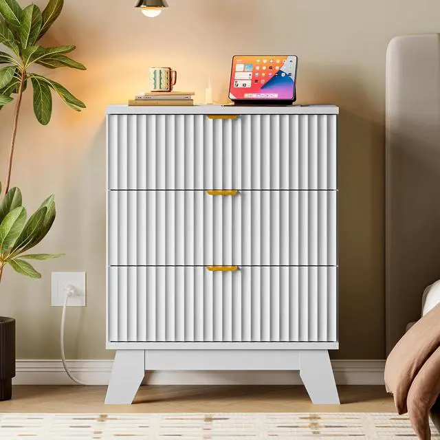 Alt view image 7 of 7 - 30.5" Nightstand with Charging Station, 3-Drawer Fluted Bedroom Chest, Wood Bedside Dresser with Power Outlets and USB Ports, Metal Slides, Stable Base, Modern Storage Cabinet for Small Spaces