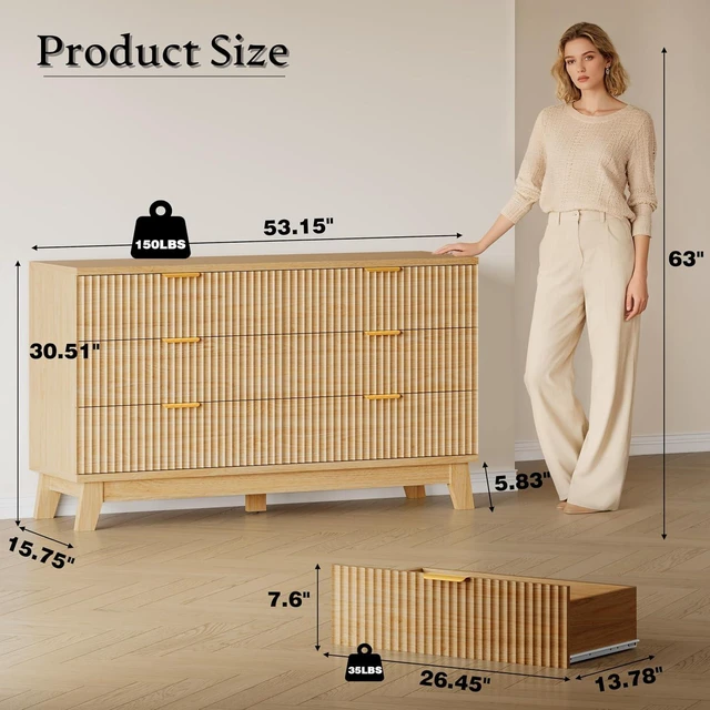 Alt view image 2 of 7 - 53" Long Dresser for Bedroom, 6-Drawer Dresser with Fluted Fronts, Wide Wood Chest of Drawers, Smooth Metal Slides, Stable Base, Modern Clothes Storage Cabinet for Living Room, Hallway