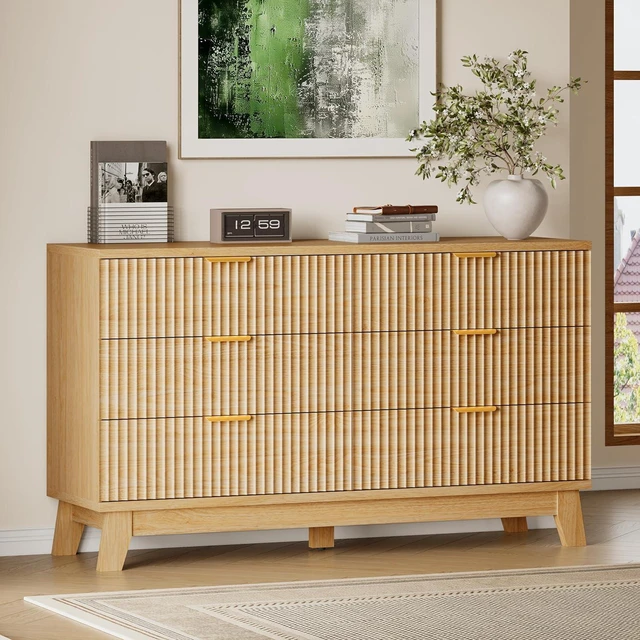Main image of 53" Long Dresser for Bedroom, 6-Drawer Dresser with Fluted Fronts, Wide Wood Chest of Drawers, Smooth Metal Slides, Stable Base, Modern Clothes Storage Cabinet for Living Room, Hallway