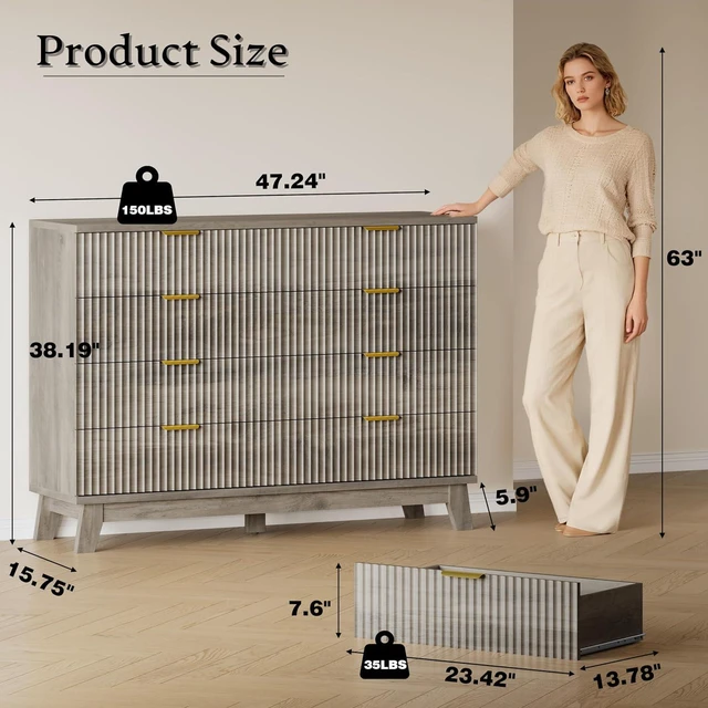 Alt view image 2 of 7 - Fluted 8 Drawer Tall Dresser, 47.2" Wide Modern Boho Chest of Drawers, Wooden Storage Dresser TV Stand for Bedroom, Living Room, Closet, Hallway, Curved Profile Design