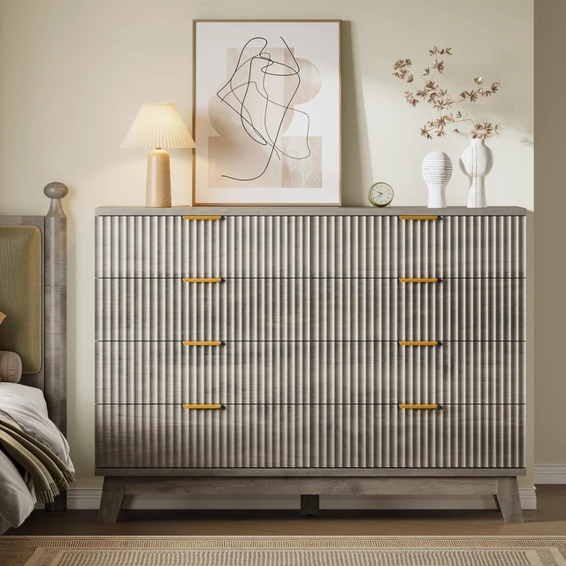Alt view image 4 of 7 - Fluted 8 Drawer Tall Dresser, 47.2" Wide Modern Boho Chest of Drawers, Wooden Storage Dresser TV Stand for Bedroom, Living Room, Closet, Hallway, Curved Profile Design