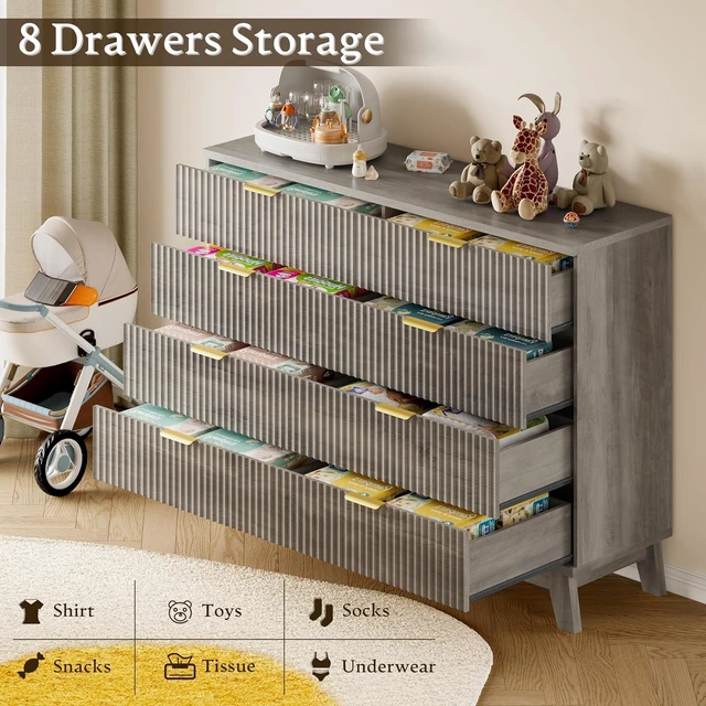 Alt view image 6 of 7 - Fluted 8 Drawer Tall Dresser, 47.2" Wide Modern Boho Chest of Drawers, Wooden Storage Dresser TV Stand for Bedroom, Living Room, Closet, Hallway, Curved Profile Design