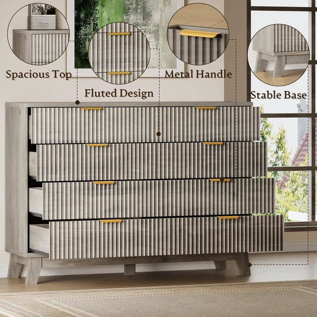 Alt view image 5 of 7 - Fluted 8 Drawer Tall Dresser, 47.2" Wide Modern Boho Chest of Drawers, Wooden Storage Dresser TV Stand for Bedroom, Living Room, Closet, Hallway, Curved Profile Design