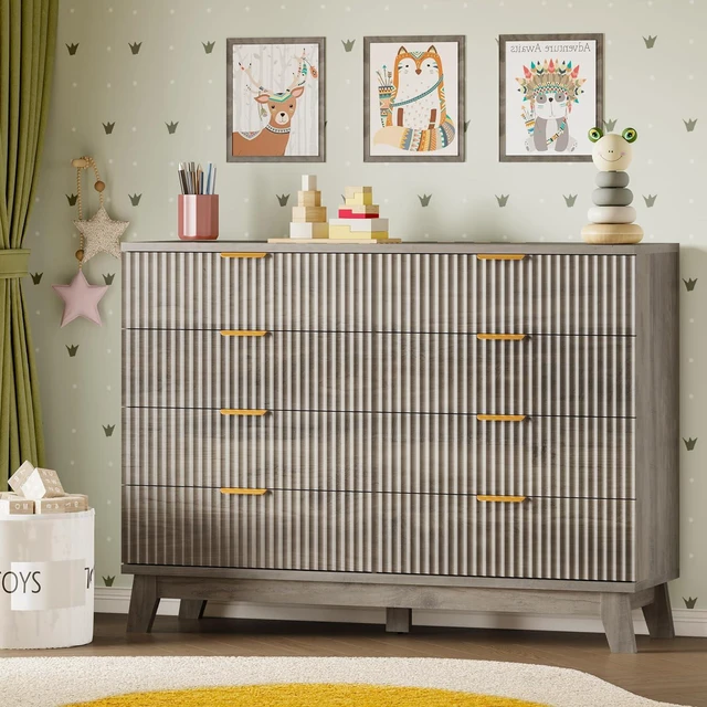 Alt view image 7 of 7 - Fluted 8 Drawer Tall Dresser, 47.2" Wide Modern Boho Chest of Drawers, Wooden Storage Dresser TV Stand for Bedroom, Living Room, Closet, Hallway, Curved Profile Design