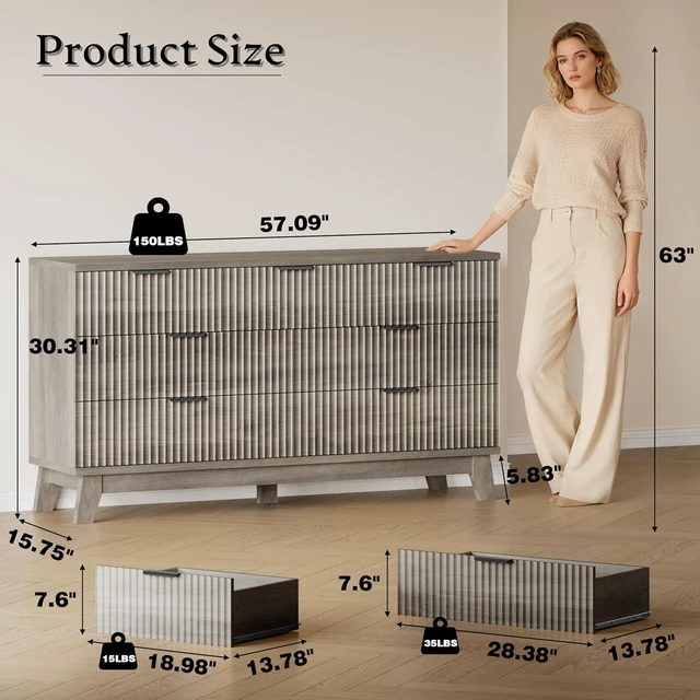 Alt view image 2 of 7 - 57" Long Dresser for Bedroom, 7-Drawer Fluted Chest, Wide Wood Storage Dresser with Metal Slides and Handles, Stable Base, Modern Clothes Organizer for Primary Suite, Guest Room, Nursery