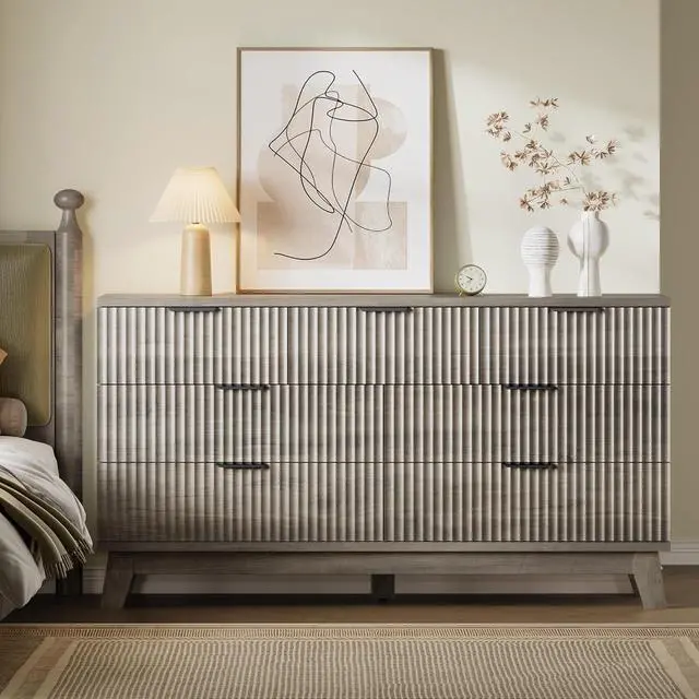 Alt view image 4 of 7 - 57" Long Dresser for Bedroom, 7-Drawer Fluted Chest, Wide Wood Storage Dresser with Metal Slides and Handles, Stable Base, Modern Clothes Organizer for Primary Suite, Guest Room, Nursery