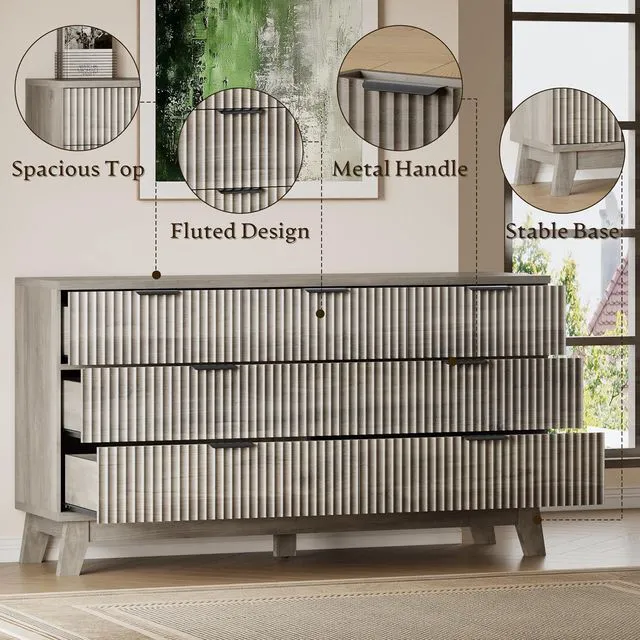 Alt view image 5 of 7 - 57" Long Dresser for Bedroom, 7-Drawer Fluted Chest, Wide Wood Storage Dresser with Metal Slides and Handles, Stable Base, Modern Clothes Organizer for Primary Suite, Guest Room, Nursery