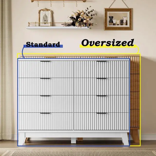 Alt view image 3 of 7 - 53" Wide Dresser for Bedroom, 8-Drawer Fluted Chest of Drawers, Modern Wood Highboy with Metal Slides and Handles, Anti-Tip Kit, Vertical Clothes Storage Organizer for Apartment, Closet