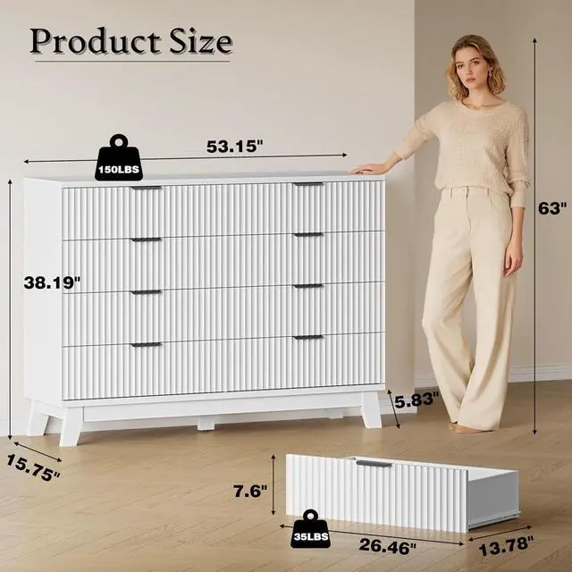 Alt view image 2 of 7 - 53" Wide Dresser for Bedroom, 8-Drawer Fluted Chest of Drawers, Modern Wood Highboy with Metal Slides and Handles, Anti-Tip Kit, Vertical Clothes Storage Organizer for Apartment, Closet