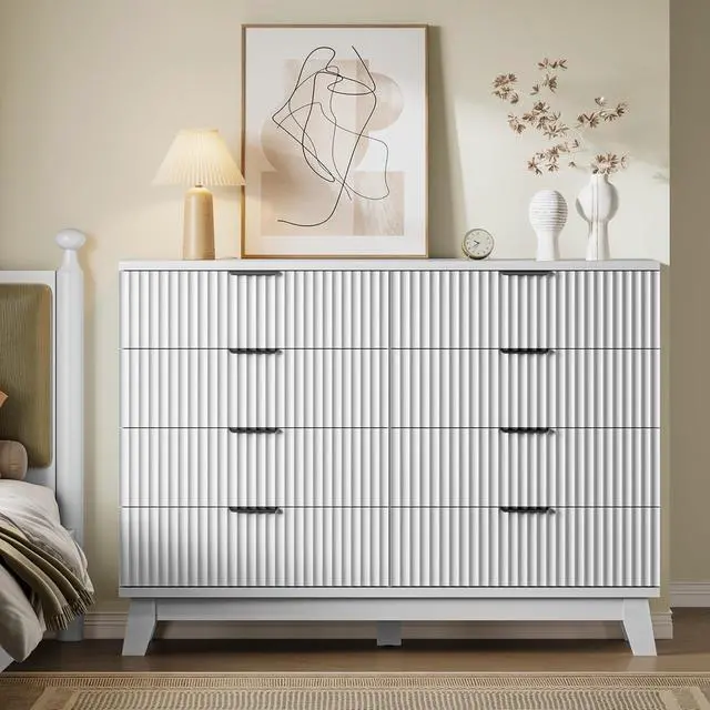 Alt view image 4 of 7 - 53" Wide Dresser for Bedroom, 8-Drawer Fluted Chest of Drawers, Modern Wood Highboy with Metal Slides and Handles, Anti-Tip Kit, Vertical Clothes Storage Organizer for Apartment, Closet