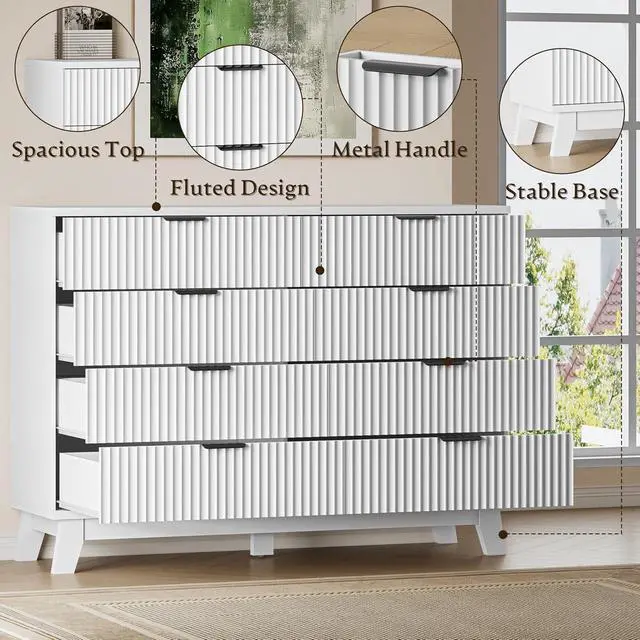 Alt view image 5 of 7 - 53" Wide Dresser for Bedroom, 8-Drawer Fluted Chest of Drawers, Modern Wood Highboy with Metal Slides and Handles, Anti-Tip Kit, Vertical Clothes Storage Organizer for Apartment, Closet