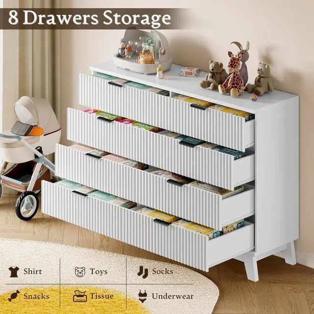 Alt view image 6 of 7 - 53" Wide Dresser for Bedroom, 8-Drawer Fluted Chest of Drawers, Modern Wood Highboy with Metal Slides and Handles, Anti-Tip Kit, Vertical Clothes Storage Organizer for Apartment, Closet