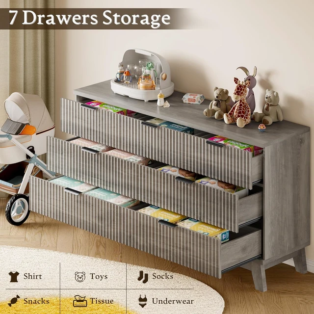 Alt view image 6 of 7 - 57" Long Dresser for Bedroom, 7-Drawer Fluted Chest, Wide Wood Storage Dresser with Metal Slides and Handles, Stable Base, Modern Clothes Organizer for Primary Suite, Guest Room, Nursery