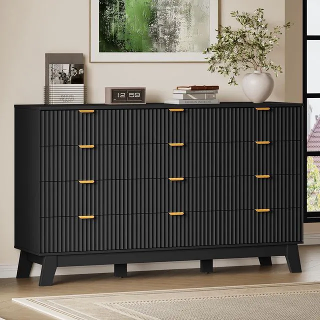 Main image of 57" Wide Dresser for Bedroom, 12-Drawer Fluted Dresser with Metal Handles, Wood Chest of Drawers with Smooth Slides and Stable Base, Storage Cabinet for Living Room, Nursery, Timeless Noir