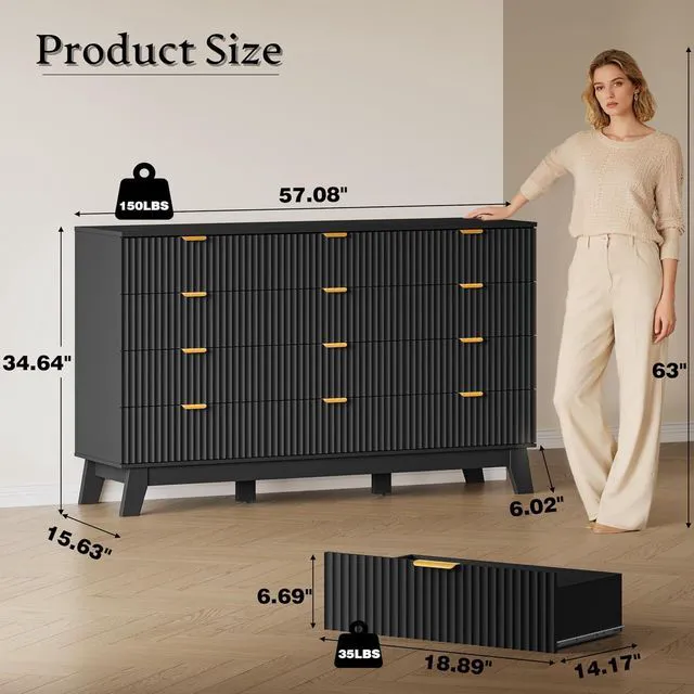 Alt view image 2 of 7 - 57" Wide Dresser for Bedroom, 12-Drawer Fluted Dresser with Metal Handles, Wood Chest of Drawers with Smooth Slides and Stable Base, Storage Cabinet for Living Room, Nursery, Timeless Noir
