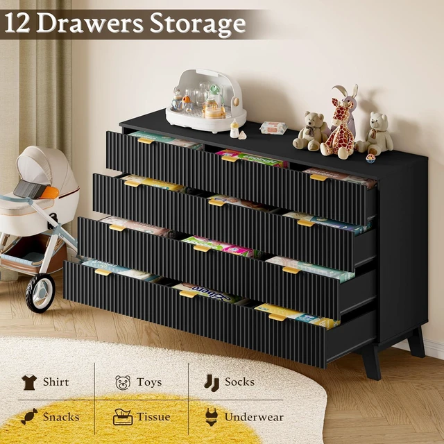 Alt view image 3 of 7 - 57" Wide Dresser for Bedroom, 12-Drawer Fluted Dresser with Metal Handles, Wood Chest of Drawers with Smooth Slides and Stable Base, Storage Cabinet for Living Room, Nursery, Timeless Noir