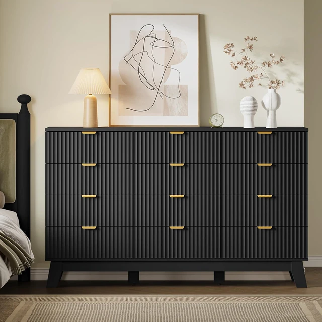 Alt view image 5 of 7 - 57" Wide Dresser for Bedroom, 12-Drawer Fluted Dresser with Metal Handles, Wood Chest of Drawers with Smooth Slides and Stable Base, Storage Cabinet for Living Room, Nursery, Timeless Noir