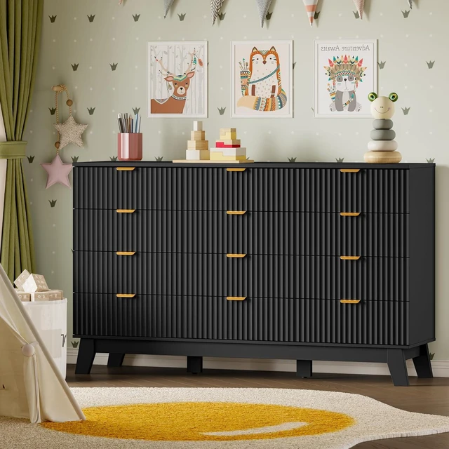 Alt view image 7 of 7 - 57" Wide Dresser for Bedroom, 12-Drawer Fluted Dresser with Metal Handles, Wood Chest of Drawers with Smooth Slides and Stable Base, Storage Cabinet for Living Room, Nursery, Timeless Noir