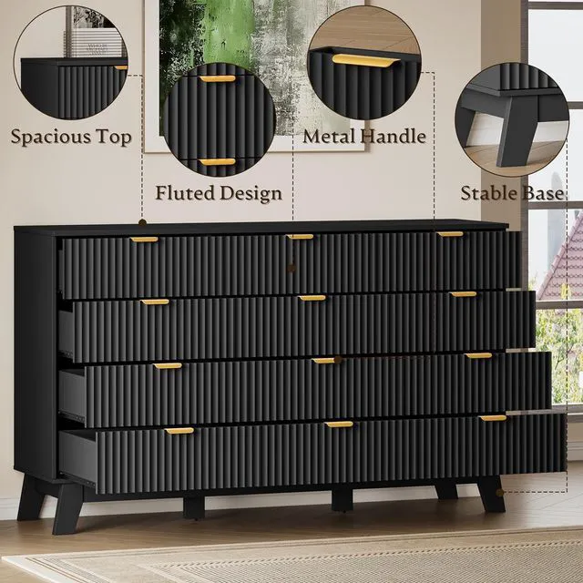 Alt view image 4 of 7 - 57" Wide Dresser for Bedroom, 12-Drawer Fluted Dresser with Metal Handles, Wood Chest of Drawers with Smooth Slides and Stable Base, Storage Cabinet for Living Room, Nursery, Timeless Noir