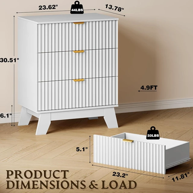 Alt view image 2 of 7 - Fluted 3 Drawer Dresser, 30.3" Tall Compact Modern Boho Chest of Drawers, Wooden Storage Cabinet for Bedroom, Living Room, Entryway, Curved Profile Design