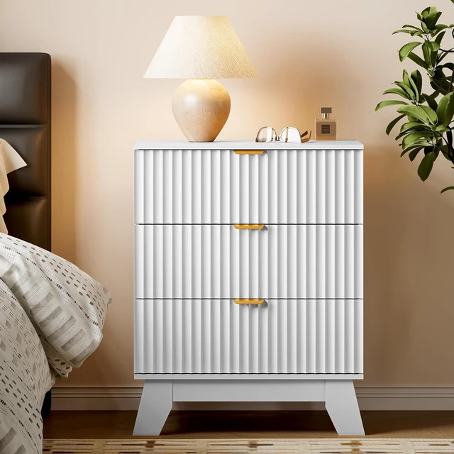 Alt view image 3 of 7 - Fluted 3 Drawer Dresser, 30.3" Tall Compact Modern Boho Chest of Drawers, Wooden Storage Cabinet for Bedroom, Living Room, Entryway, Curved Profile Design