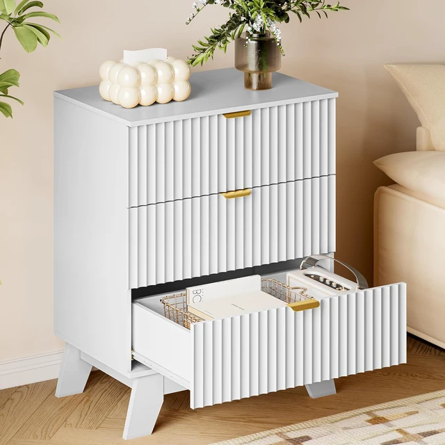 Alt view image 4 of 7 - Fluted 3 Drawer Dresser, 30.3" Tall Compact Modern Boho Chest of Drawers, Wooden Storage Cabinet for Bedroom, Living Room, Entryway, Curved Profile Design