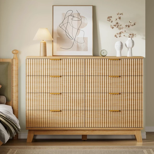 Alt view image 4 of 7 - 53" Wide Dresser for Bedroom, 8-Drawer Fluted Chest of Drawers, Modern Wood Highboy with Metal Slides and Handles, Anti-Tip Kit, Vertical Clothes Storage Organizer for Apartment, Closet