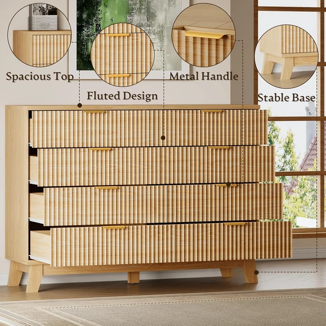 Alt view image 5 of 7 - 53" Wide Dresser for Bedroom, 8-Drawer Fluted Chest of Drawers, Modern Wood Highboy with Metal Slides and Handles, Anti-Tip Kit, Vertical Clothes Storage Organizer for Apartment, Closet
