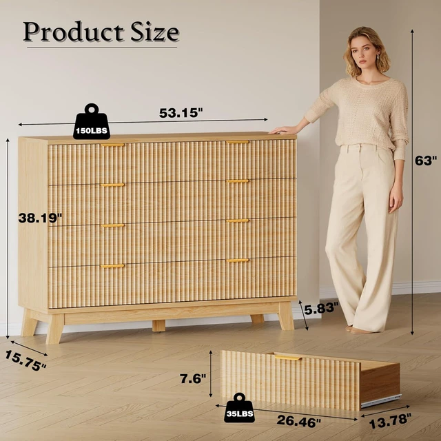 Alt view image 2 of 7 - 53" Wide Dresser for Bedroom, 8-Drawer Fluted Chest of Drawers, Modern Wood Highboy with Metal Slides and Handles, Anti-Tip Kit, Vertical Clothes Storage Organizer for Apartment, Closet