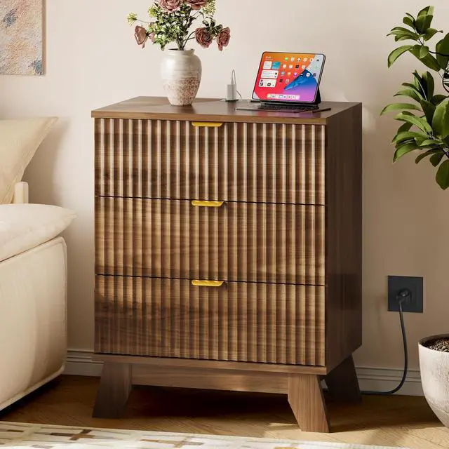 Main image of 30.5" Nightstand with Charging Station, 3-Drawer Fluted Bedroom Chest, Wood Bedside Dresser with Power Outlets and USB Ports, Stable Base, Modern Storage Cabinet for Small Spaces