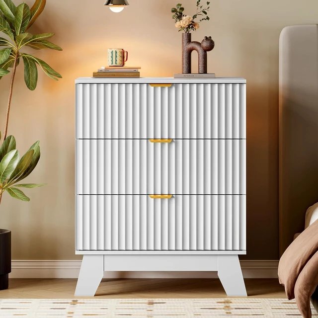 Alt view image 6 of 7 - Fluted 3 Drawer Dresser, 30.3" Tall Compact Modern Boho Chest of Drawers, Wooden Storage Cabinet for Bedroom, Living Room, Entryway, Curved Profile Design