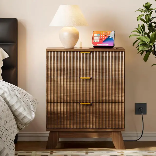 Alt view image 3 of 7 - 30.5" Nightstand with Charging Station, 3-Drawer Fluted Bedroom Chest, Wood Bedside Dresser with Power Outlets and USB Ports, Stable Base, Modern Storage Cabinet for Small Spaces