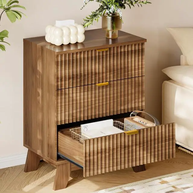 Alt view image 4 of 7 - 30.5" Nightstand with Charging Station, 3-Drawer Fluted Bedroom Chest, Wood Bedside Dresser with Power Outlets and USB Ports, Stable Base, Modern Storage Cabinet for Small Spaces