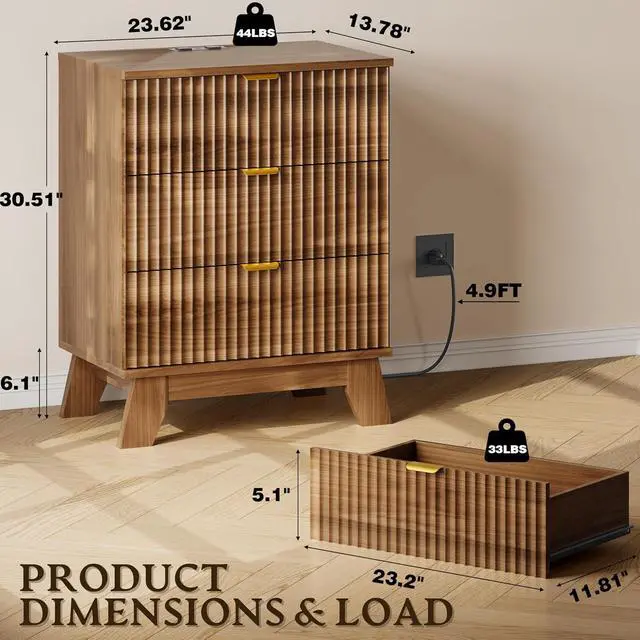 Alt view image 2 of 7 - 30.5" Nightstand with Charging Station, 3-Drawer Fluted Bedroom Chest, Wood Bedside Dresser with Power Outlets and USB Ports, Stable Base, Modern Storage Cabinet for Small Spaces