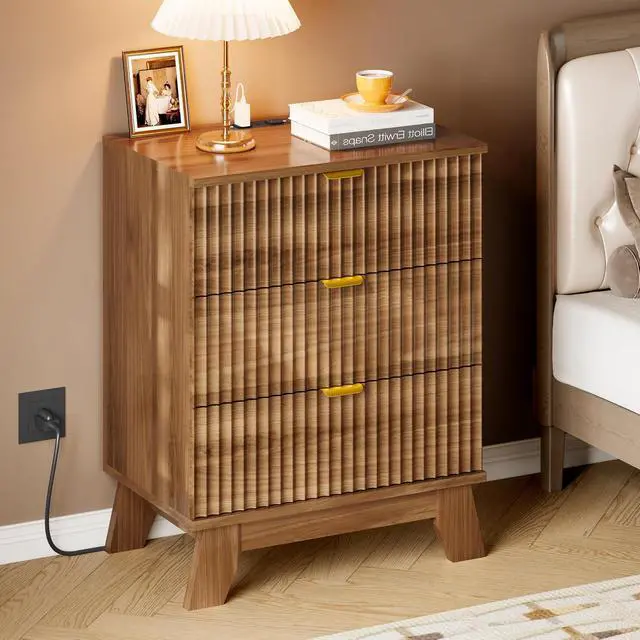 Alt view image 6 of 7 - 30.5" Nightstand with Charging Station, 3-Drawer Fluted Bedroom Chest, Wood Bedside Dresser with Power Outlets and USB Ports, Stable Base, Modern Storage Cabinet for Small Spaces