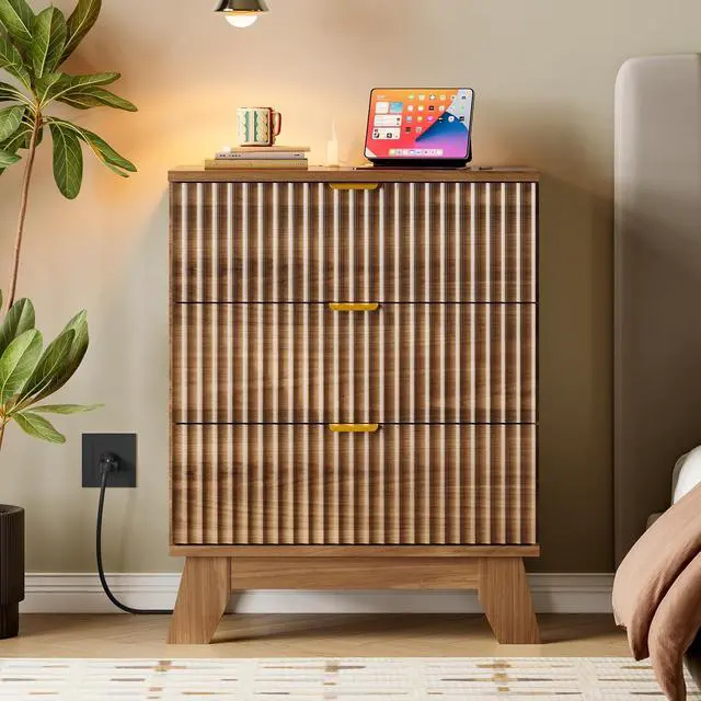 Alt view image 7 of 7 - 30.5" Nightstand with Charging Station, 3-Drawer Fluted Bedroom Chest, Wood Bedside Dresser with Power Outlets and USB Ports, Stable Base, Modern Storage Cabinet for Small Spaces