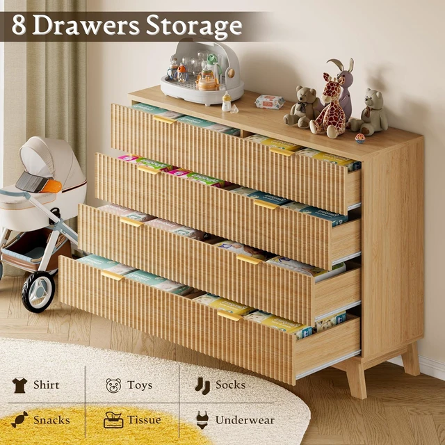 Alt view image 6 of 7 - 53" Wide Dresser for Bedroom, 8-Drawer Fluted Chest of Drawers, Modern Wood Highboy with Metal Slides and Handles, Anti-Tip Kit, Vertical Clothes Storage Organizer for Apartment, Closet
