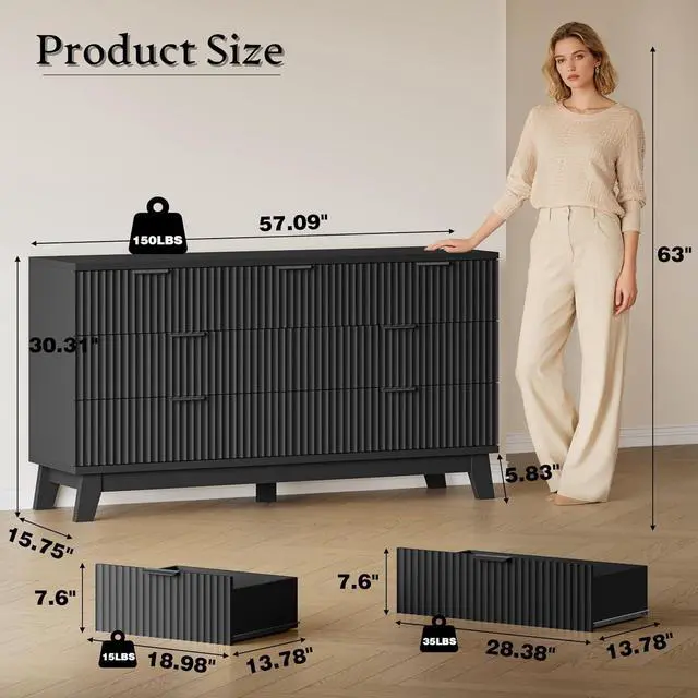 Alt view image 2 of 7 - 57" Long Dresser for Bedroom, 7-Drawer Fluted Chest, Wide Wood Storage Dresser with Metal Slides and Handles, Stable Base, Modern Clothes Organizer for Primary Suite, Guest Room, Nursery