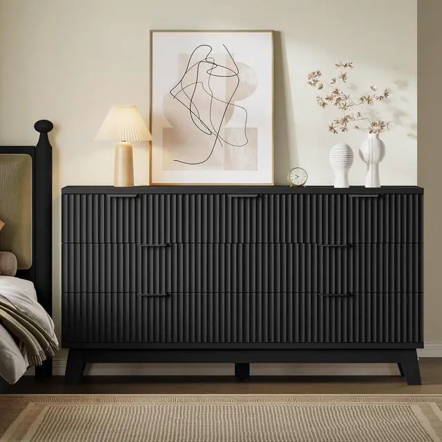 Alt view image 4 of 7 - 57" Long Dresser for Bedroom, 7-Drawer Fluted Chest, Wide Wood Storage Dresser with Metal Slides and Handles, Stable Base, Modern Clothes Organizer for Primary Suite, Guest Room, Nursery