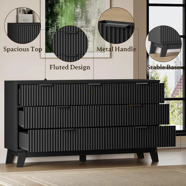 Alt view image 5 of 7 - 57" Long Dresser for Bedroom, 7-Drawer Fluted Chest, Wide Wood Storage Dresser with Metal Slides and Handles, Stable Base, Modern Clothes Organizer for Primary Suite, Guest Room, Nursery