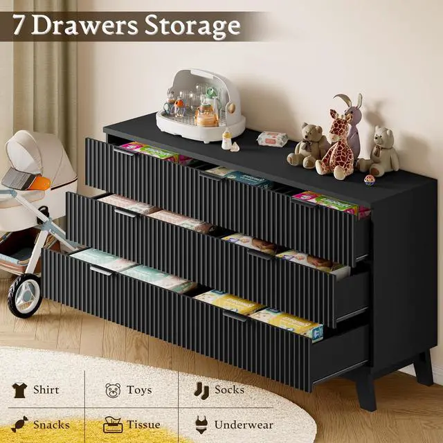 Alt view image 6 of 7 - 57" Long Dresser for Bedroom, 7-Drawer Fluted Chest, Wide Wood Storage Dresser with Metal Slides and Handles, Stable Base, Modern Clothes Organizer for Primary Suite, Guest Room, Nursery