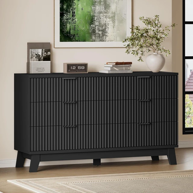 Main image of 53" Long Dresser for Bedroom, 6-Drawer Dresser with Fluted Fronts, Wide Wood Chest of Drawers, Smooth Metal Slides, Stable Base, Modern Clothes Storage Cabinet for Living Room, Hallway