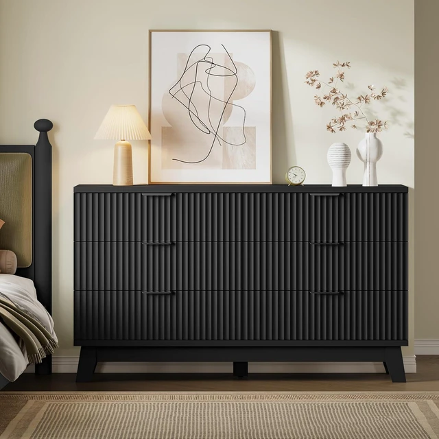 Alt view image 4 of 7 - 53" Long Dresser for Bedroom, 6-Drawer Dresser with Fluted Fronts, Wide Wood Chest of Drawers, Smooth Metal Slides, Stable Base, Modern Clothes Storage Cabinet for Living Room, Hallway