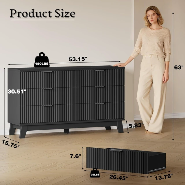 Alt view image 2 of 7 - 53" Long Dresser for Bedroom, 6-Drawer Dresser with Fluted Fronts, Wide Wood Chest of Drawers, Smooth Metal Slides, Stable Base, Modern Clothes Storage Cabinet for Living Room, Hallway
