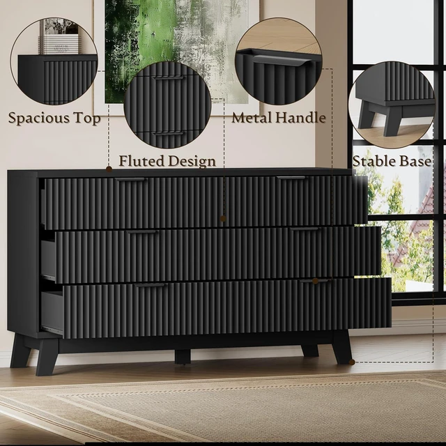 Alt view image 5 of 7 - 53" Long Dresser for Bedroom, 6-Drawer Dresser with Fluted Fronts, Wide Wood Chest of Drawers, Smooth Metal Slides, Stable Base, Modern Clothes Storage Cabinet for Living Room, Hallway