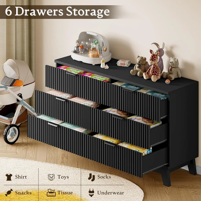 Alt view image 6 of 7 - 53" Long Dresser for Bedroom, 6-Drawer Dresser with Fluted Fronts, Wide Wood Chest of Drawers, Smooth Metal Slides, Stable Base, Modern Clothes Storage Cabinet for Living Room, Hallway