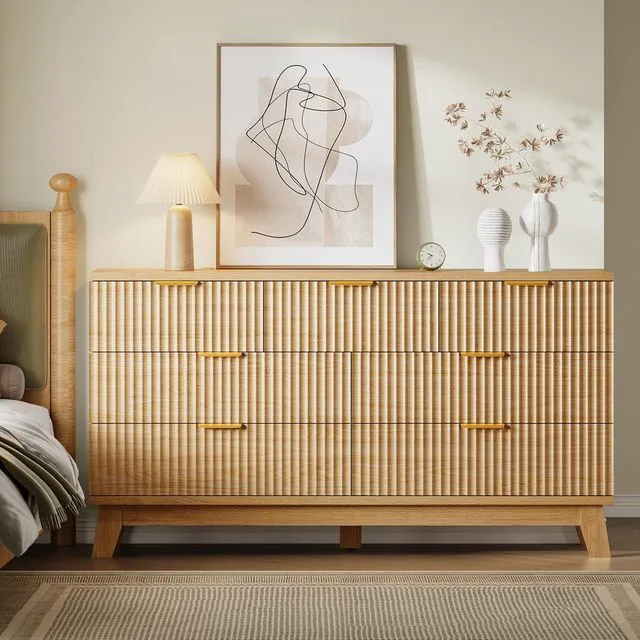Alt view image 4 of 7 - 57" Long Dresser for Bedroom, 7-Drawer Fluted Chest, Wide Wood Storage Dresser with Metal Slides and Handles, Stable Base, Modern Clothes Organizer for Primary Suite, Guest Room, Nursery