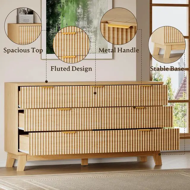 Alt view image 5 of 7 - 57" Long Dresser for Bedroom, 7-Drawer Fluted Chest, Wide Wood Storage Dresser with Metal Slides and Handles, Stable Base, Modern Clothes Organizer for Primary Suite, Guest Room, Nursery